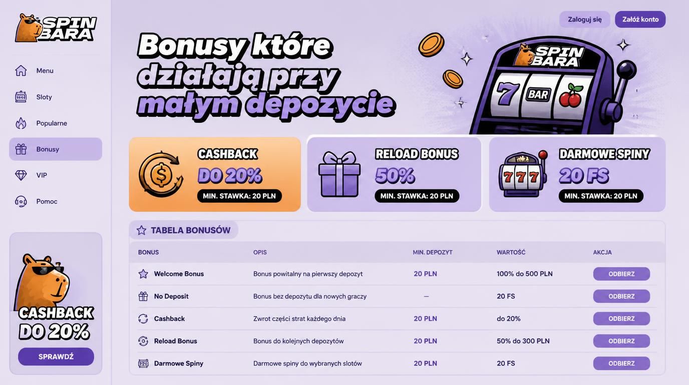 Różne typy bonusów Spinbara działające przy niskim depozycie