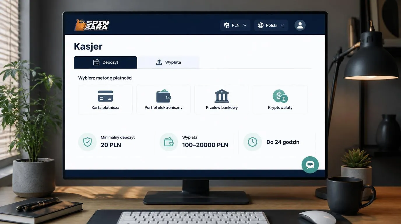 Panel kasy kasyna z kwotami w PLN, wyborem płatności i polską wersją językową