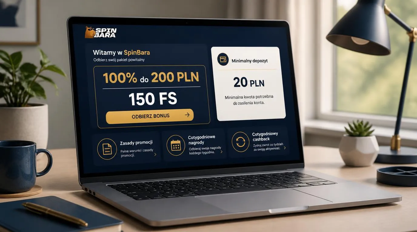 Panel oferty powitalnej z bonusem 100% do 200 PLN, 150 darmowymi spinami i minimalnym depozytem 20 PLN